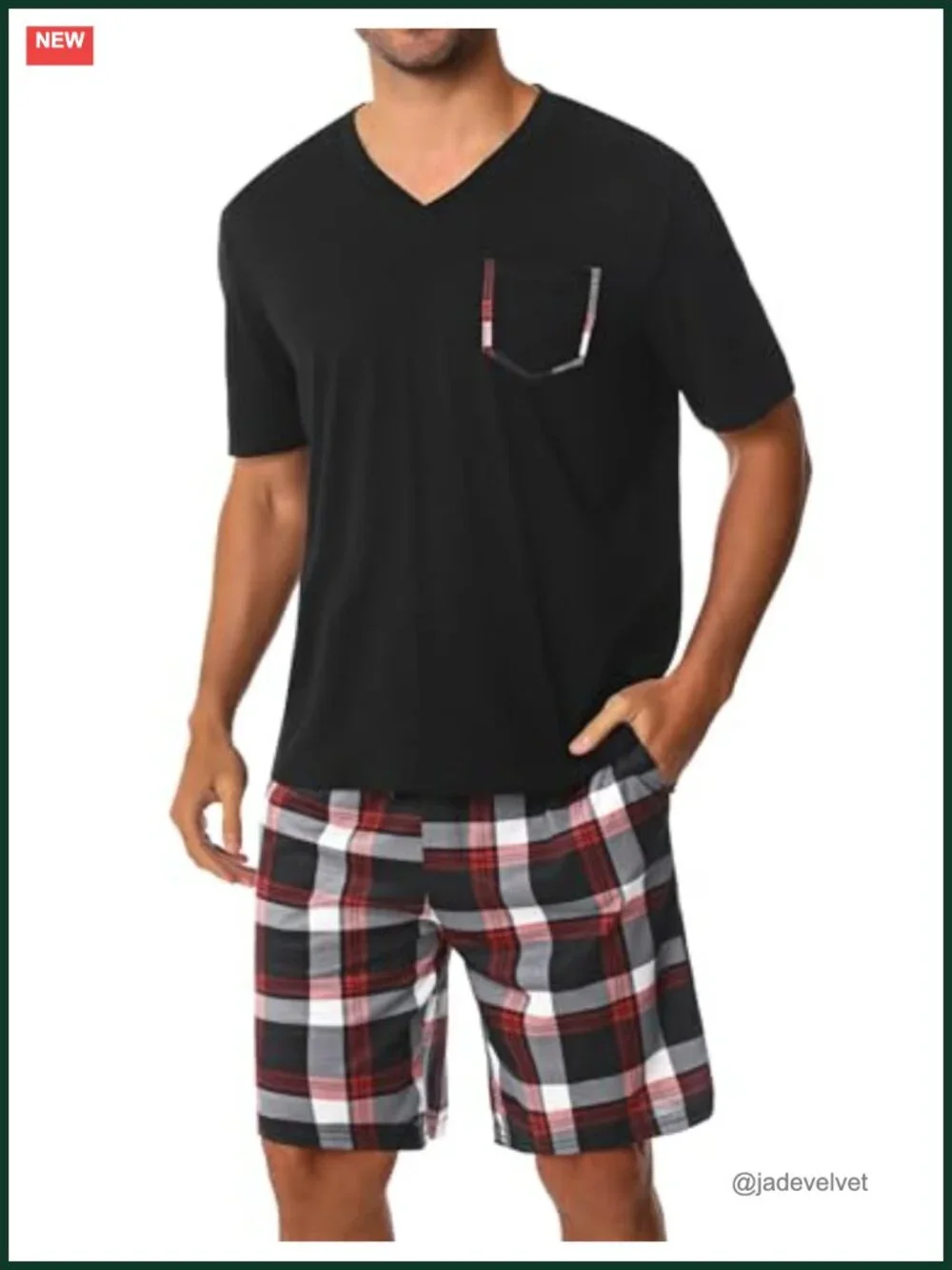 Men's 2 Piece Cotton Pajama Set with Short Sleeve Top & Plaid Shorts